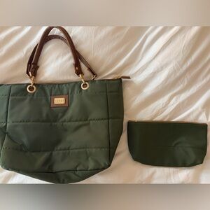 YaYa Aflalo Quilted Nylon Tote Bag + Matching Pouch – Green/Brown
